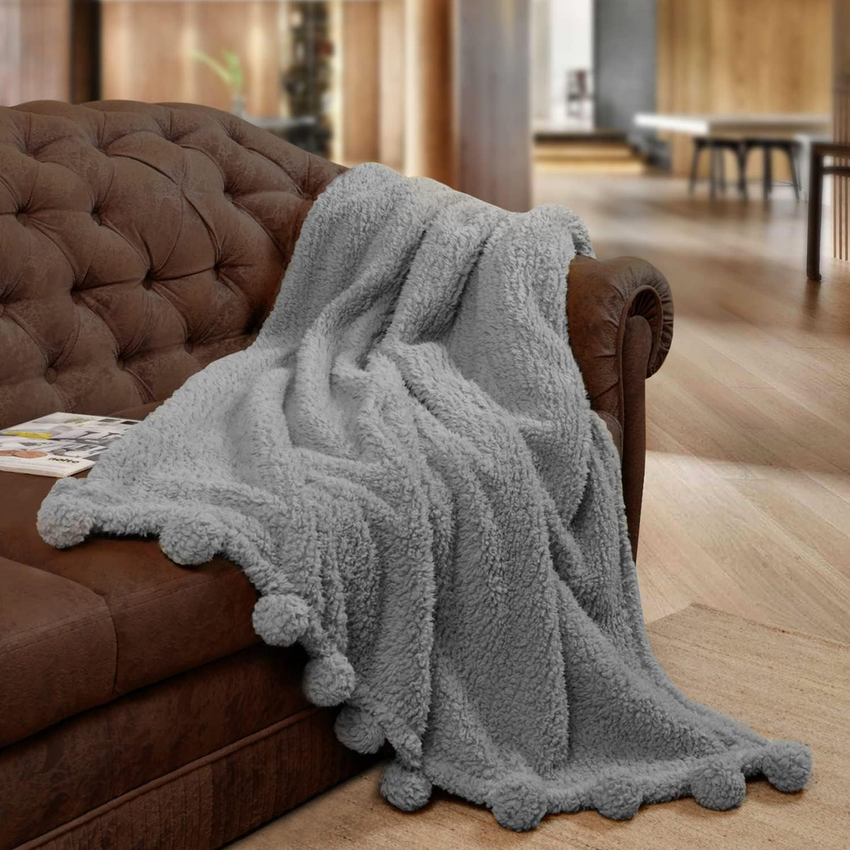 Grey pom pom blanket sale