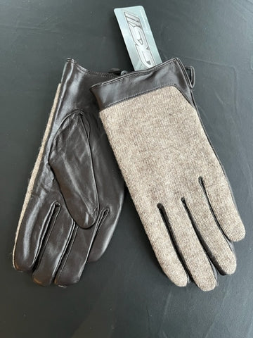 GANKA Mens Knit Leather Gloves With Leather Palm (Brown)