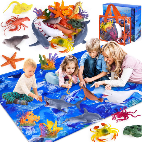Ginmic 8.5"x3.7"x11" Ocean Playmat With 18-Piece Sea Life Toys