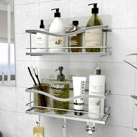 KINCMAX Shower Shelves 2-Pack - Self Adhesive Caddy with 4 Hooks - No Drill Large Capacity Stainless Steel Wall Shelf