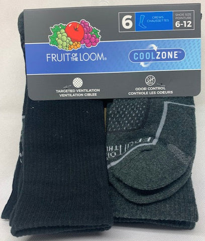 Fruit of the Loom Mens 6 Pair Cool Zone Odour Control Crew Socks